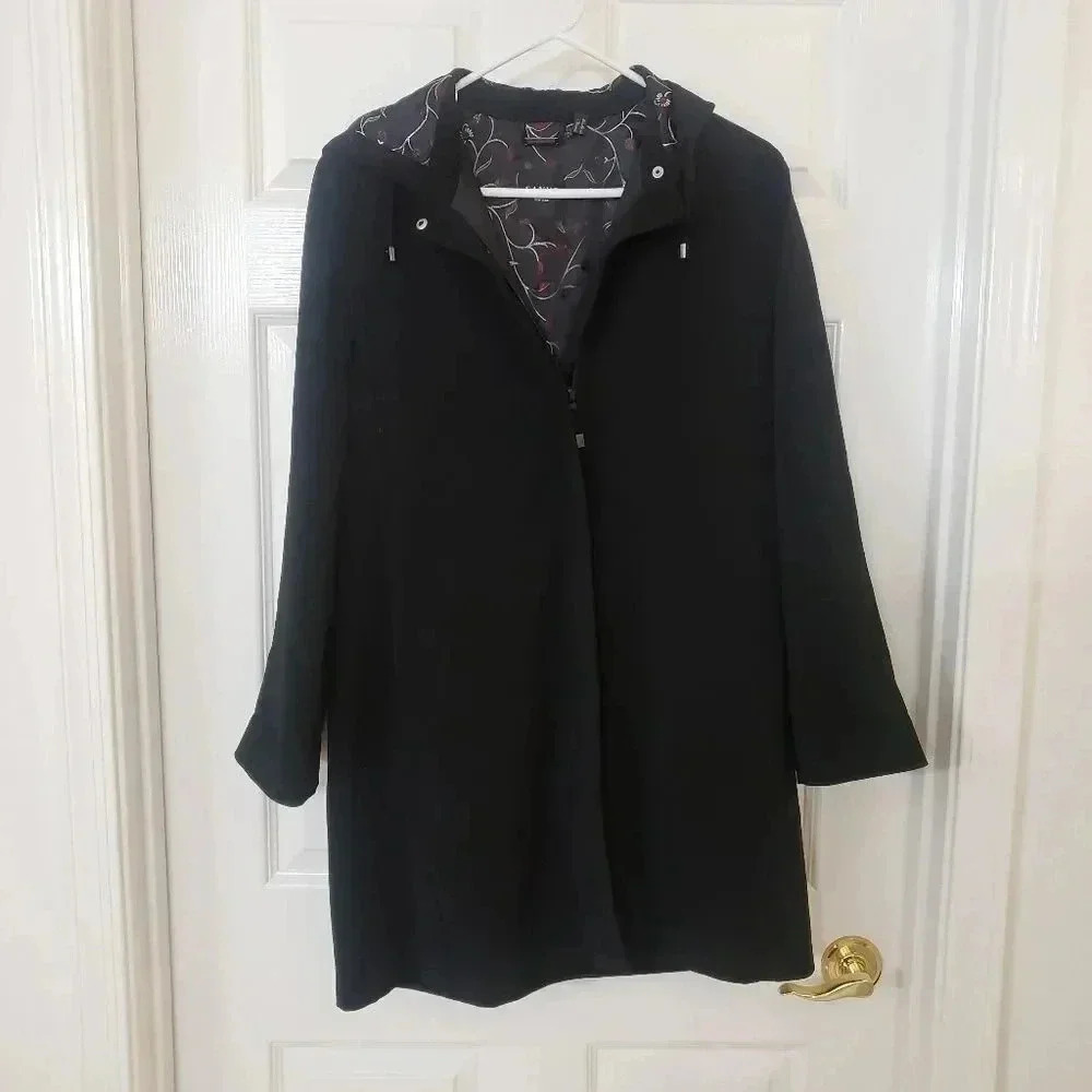 Sanyo New York Hooded Black Coat with Floral Embroidery